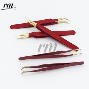 Ensemble de pinces à cils en acier inoxydable, couleur rouge vif, pointe brillante or 24 carats, poignée diamantée professionnelle, logo personnalisé - Product Image 5