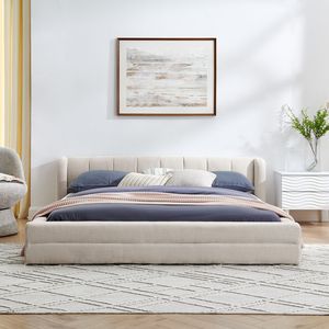 Letto matrimoniale imbottito con testiera in tessuto ciniglia spesso e piattaforma in legno massello - Product Image 3