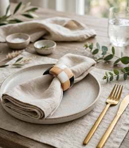Anneau de serviette classique rond en bois écologique avec motif géométrique noir et bois naturel - Product Image 4