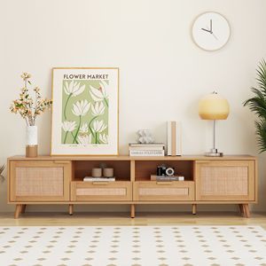 Mueble de TV Moderno Estilo Farmhouse para Televisores de hasta 85 Pulgadas, Centro de Entretenimiento de Madera Sólida con Patas de Madera Sólida y Ratán, Gabinete de Madera Sólida por Li - Product Image 4