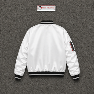Chaqueta universitaria de satén blanco premium para hombre y mujer, chaqueta bomber brillante personalizada al por mayor con cuello y puños acanalados con rayas negras. - Product Image 6