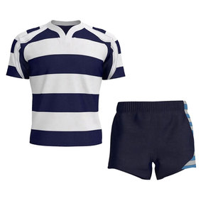 Ensemble de maillots de rugby pour hommes, rayé bleu marine et blanc, manches courtes, polyester respirant, coupe classique, toutes saisons - Product Image 1