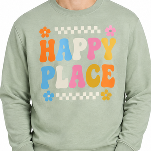 เสื้อสเวตเชิ้ตคอกลมสีเขียวเซจสำหรับผู้ชาย ลายกราฟิก Retro Happy Place สไตล์ลำลอง ยอดนิยม - Product Image 2
