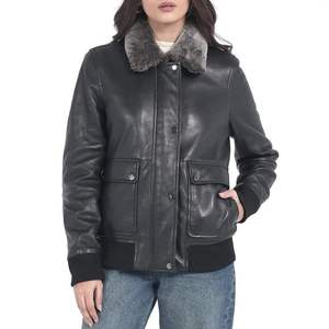 <b>Women's</b> Genuine Sheepskin <b>Bomber</b> <b>Jacket</b> With Fur Collar Full Sleeve Winter <b>Leather</b> Coat Solid Color Patch Pockets - Product Image 1