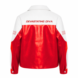 Delta | Sigma | Theta Women's PU Leather Racer <b>Jacket</b> Color Block Front Embroidered Zip-Up Biker Coat Casual Outerwear - Product Image 3