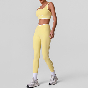 2 Piece Yoga Set Scoop Neck Racerback Crop <b>Top</b> High Waist Full Length Leggings Seamless Spandex Polyester Four-Way Stretch - Product Image 4