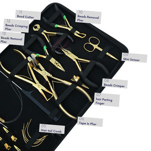 Kit d'outils pour extensions de cheveux dorées avec pinces microlink, pinces d'ouverture et de fermeture de perles, pinces de scellage de bandes, peigne à queue, ensemble de crochets auto-agrippants - Product Image 4