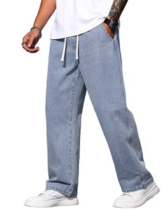 Jeans de Mezclilla para Hombre, Corte Recto, Lavado a la Piedra, Cintura Media, Ajuste Holgado, Estilo Casual de Algodón, para Primavera - Product Image 1