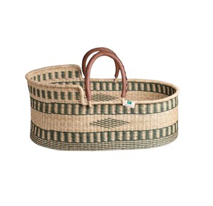 Artisanal olive-toned patterned weave leather handle seagrass <b>changing</b> <b>basket</b> functioning as rattan <b>changing</b> kid <b>basket</b> - Product Image 2