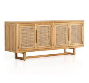 Modern Mid Century Solid Teak Wood <b>Sideboard</b> Cabinet Handmade Natural Rattan Doors Dining Room Credenza <b>Storage</b> Table - Product Image 4