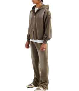 Custom Men's Vintage Patch Embroidery Stripe French Terry Acid Wash Hoodie Set Heavyweight <b>Zip</b>-<b>up</b> Sweatpants for Winter - Product Image 2