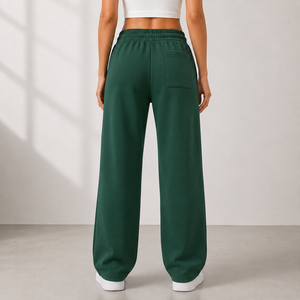 Women Green Knitted Wide Leg <b>Pants</b> High Waist Loose Fit Full Length Casual Solid Color Drawstring Elastic Waist Sweatpants - Product Image 2