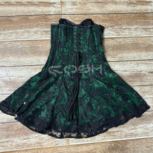 Mini-robe corset gothique vert émeraude pour femme, robe de soirée sans bretelles avec superposition de dentelle florale noire et décolleté en cœur - Product Image 3