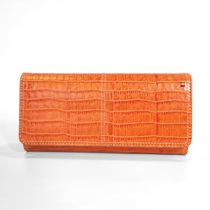 [New Item] Castello Croco Print Embossed Cowhide Leather Long <b>Wallet</b> W/snap Button Closure & Multiple Compartments Women Orange - Product Image 1
