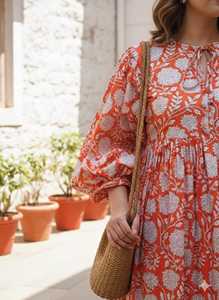 Floral Handblock Cotton Floor Length Dress O Neck <b>Three</b> Quarter Puff Sleeves Loose Fit Women's Daily Wear Embroidery Pocket - Product Image 4