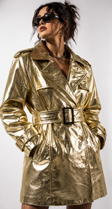 Women’s Oversized Real <b>Leather</b> Trench Coat – Premium Metallic Gold Luxury <b>Leather</b> <b>Jacket</b> with Belt | Custom OEM Manufacturer - Product Image 4