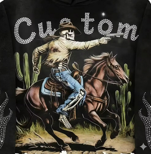เสื้อฮู้ดดี้ลายคาวบอยตะวันตกแบบกำหนดเอง พรีเมียมประดับเพชร สตรีทแวร์ทรงโอเวอร์ไซส์ หนานุ่ม น้ำหนักมาก รับผลิตแบบ OEM แบรนด์ส่วนตัว - Product Image 6