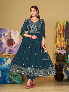 Elegante Traje Anarkali Azul Turquesa para Mujer, Manga 3/4, Georgette Crepé, Semi-Cosido, de Secado Rápido y Elástico, para Bodas y Diwali - Product Image 3