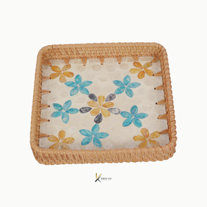 Bandeja de Servir Cuadrada de Ratán y Madera con Incrustaciones de Madreperla, Elegante, para Regalos y Decoración, Duradera, Ecológica, Hecha a Mano - Product Image 4