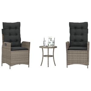 3 pezzi grigio Poly Rattan bistrot Set con cuscini da giardino - Product Image 1