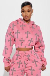 Women's Pink Cross Printed Fleece Hoodie Set Full Sleeve Loose Fit Streetwear Two Piece Outfit All Seasons - Product Image 5