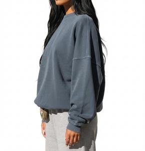 Sweat-shirt décontracté en molleton à col rond surdimensionné pour femme, anti-rétrécissement, couleur unie, épaules tombantes, manches longues, pull en coton tricoté - Product Image 2