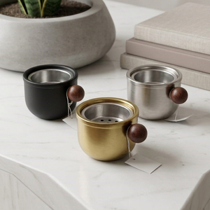 Compact Rounded Metal Incense <b>Burners</b> In Black Gold And Silver Finishes Each Featuring <b>Side</b> Wooden Ball Handles And Mesh Inserts - Product Image 2