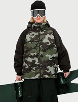 Veste de ski pour femme à imprimé camouflage, à capuche, imperméable, isolée, pour snowboard, avec rembourrage synthétique, fermeture éclair, pantalon noir