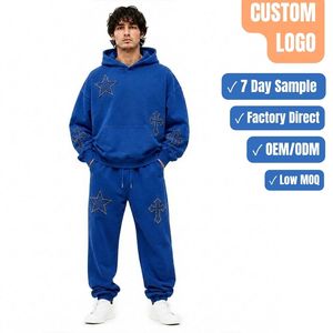 Men 2 Piece Patch Applique Tracksuit Set Oversized Hoodie Jogger Star Cross Leather Patch Fleece Custom OEM Wholesale OEM/ODM - Product Image 1