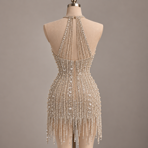 Halter Embroidered Beaded Fringe Vintage Luxury Organza Mini <b>Dress</b> Sheath Sheer Asymmetrical Hem <b>Extravagant</b> Prom Adult - Product Image 3