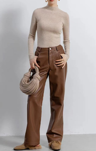 High End Genuine Leather Pants for Women 100% Sheepskin Straight Style Leg Casual Long Trousers Jeans Style Fit Pantalon Fashion - Product Image 4