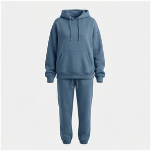 Conjunto Deportivo Unisex de Sudadera con Capucha y Pantalones Jogger Azul Sólido, 100% Algodón, Peso Medio, Informal, para Otoño - Product Image 1