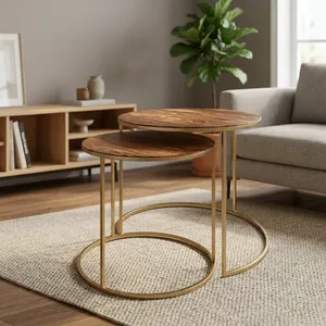 Ensemble de 2 tables gigognes en fer et bois, dessus en bois rond, tables d'appoint modernes pour salon, chambre à coucher, décoration de la maison - Product Image 1