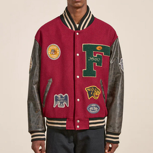 Found Men's Red Varsity <b>Jacket</b> With Embroidered <b>Patches</b> And Leather Sleeves Preppy Style Autumn Wear - Product Image 4