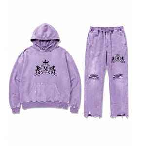 Ensemble de survêtement vintage délavé à capuche en coton 100% (450 g/m²) style streetwear pour adulte - Product Image 1