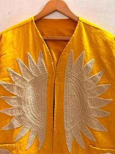 Premium Yellow <b>Velvet</b> Embroidered Suzani <b>Jacket</b> with Sun and Yin Yang Pattern Full Sleeve V-Neck Handmade Boho Autumn Coat - Product Image 2