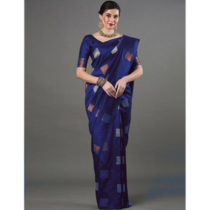 ATRACTIVO BANARASI SEDA ZARI TRABAJO TEJIDO SAREE CON BLUSA DESCOSTADA AZUL - Product Image 1