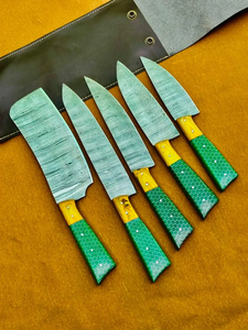 Juego de Cuchillos de Acero de Damasco Hechos a Mano, 5 Piezas, Mango de Resina Verde, Cuchillos de Chef Afilados, Cuchillos de Cocina Ambidiestros, Venta al Por Mayor OEM - Product Image 6