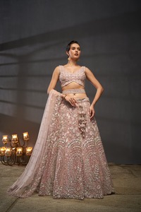 Pink Beaded Lehenga Choli <b>Net</b> Unstitched Wedding Outfit Two Piece Bridal Set for Women - Product Image 1