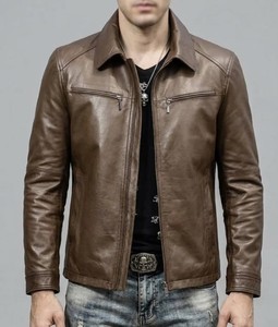 Blouson moto marron pour homme à col revers en cuir véritable, fermeture éclair intégrale, vêtement d'extérieur classique pour motard, fabricant de vêtements sur mesure - Product Image 2