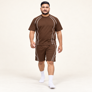 Conjunto de Camiseta y Pantalones Cortos para Hombre al por Mayor, con Paneles en Contraste y Ribetes, Corte Holgado, Cuello Redondo, Verano, Dos Piezas, Logotipo Personalizado, Marca Privada, OEM - Product Image 3