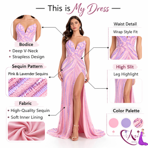 Vestido de Noche con Cuentas en Color Rosa Pastel |   Vestido de Graduación con Lentejuelas |   Vestido de Fiesta Largo de Lujo con Abertura Alta, Elegante y de Diseño - Product Image 5