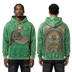Sweat à capuche vert effet délavé pour homme, motif squelette byzantin en mosaïque, streetwear, coupe oversize, effet usé, fabricant - Product Image 1