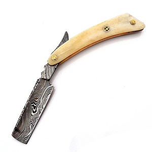 Handmade Custom Damascus Steel Razor Folding <b>Knife</b> <b>Bone</b> <b>Handle</b> Leather Sheath Survival Camping <b>Knives</b> A&M Enterprises - Product Image 3