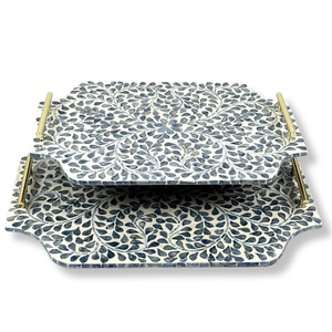 Ensemble de plateau de service rectangulaire de luxe fait à la main MDF Capiz incrustation poignées en métal en laiton doré motif de feuille élégant durable Durable - Product Image 1