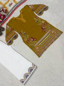 <b>Women</b> Traditional Heavy Roman Cotton Ankle-Length Embroidered Quick Dry <b>Kurta</b> Set Cream Palazzo Dupatta Casual Wear India - Product Image 5