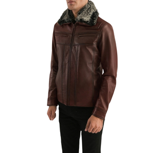 Veste en cuir PU marron pour homme avec col en fausse fourrure, fermeture éclair, coupe ajustée, vêtement d'hiver - Product Image 2