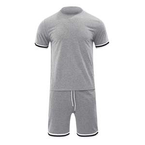 Conjunto de Camiseta y Pantalones Cortos de Punto Gris para Hombre, Estilo Casual de Verano, con Ribete en Contraste, Ropa Deportiva de Algodón, Servicio OEM al por Mayor - Product Image 1
