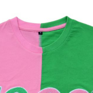 Camiseta Personalizada de Estilo Universitario, Color Rosa y Verde, para Bordado Chenille, Corte Ajustado, 100% Algodón, para Mujer - Product Image 6
