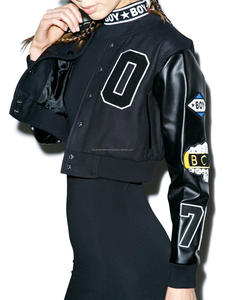 Chaqueta universitaria de lana de alta calidad HICVJ1 completamente negra para mujer, cuello levantado, temporada de invierno, bordado frontal, parches con logotipo, servicio OEM - Product Image 6